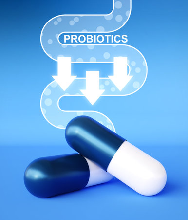Probiotics banner template. Probiotic in capsule. Human microbiome concept. 3d-renderingの写真素材