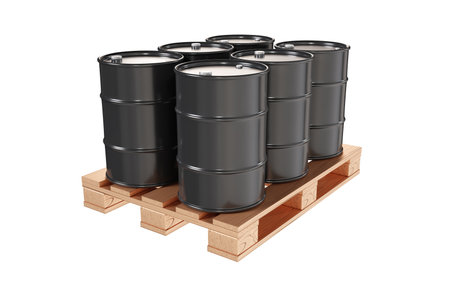 Black oil barrels on pallet isolated on white background. 3d-renderingの写真素材
