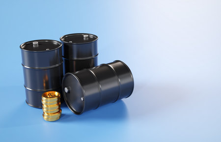 Black round metal barrel with gold coin on blue background. Oil production industry. 3d-renderingの写真素材