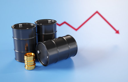 Black round metal barrel with gold coin on blue background. Oil production industry. Oil price change concept. 3d-renderingの写真素材