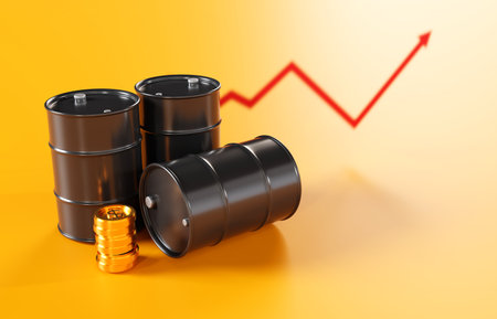 Black round metal barrel with gold coin on orange background. Oil production industry. Oil price change concept. 3d-renderingの写真素材