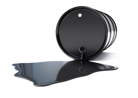 Black round metal barrel puddle of oil isolated on white backgroundの写真素材