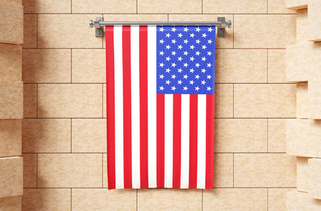 American Flag on background of brick wallの写真素材
