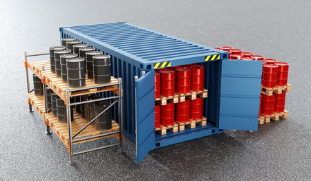 Blue shipping container with black fuel barrels. Oil industry. Transportation concept. 3d-renderingの写真素材