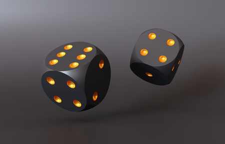 Two black rolling gambling dice on black background. 3d-renderingの写真素材