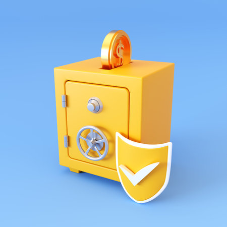 Safe box with coin and shield on blue background. 3d-renderingの写真素材