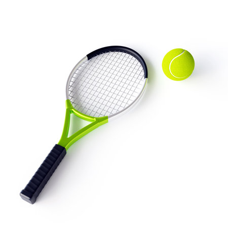 Tennis racket and ball isolated on white background. 3d-renderingの写真素材