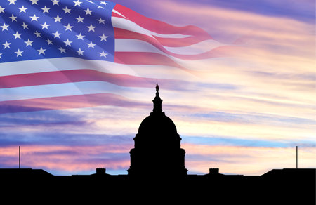 US capitol building silhouette,Washington DC against the sunsetの写真素材