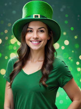 St. Patrick's Day leprechaun girl in green top hat. Patrick Day celebrating. Generative AIの素材