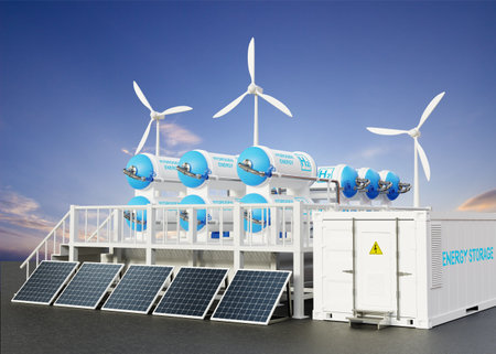 Green Hydrogen factory concept .Hydrogen gas pipeline for clean electricity. Hydrogen production from renewable energy sources. 3d-renderingの写真素材
