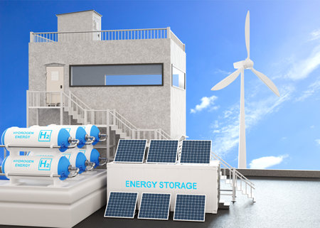 Hydrogen energy plant concept. Hydrogen gas pipeline for clean electricity. Hydrogen production from renewable energy sources. 3d-renderingの写真素材