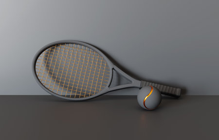 Black and gold tennis ball and racket on dark background. 3d-renderingの写真素材