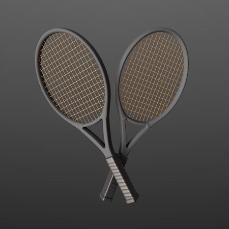 Black and gold tennis rackets on dark background. 3d-renderingの写真素材
