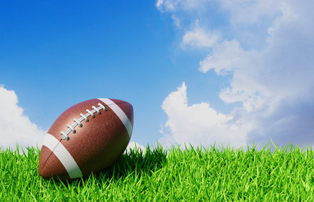 American football ball on green grass. 3d-renderingの写真素材