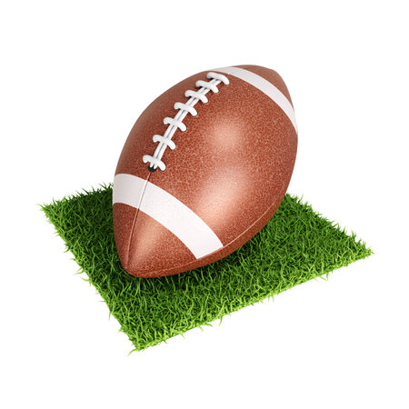 American football ball on green grass isolated on white background. Sport icon. 3d-renderingの写真素材