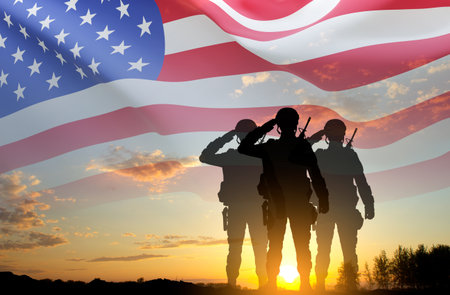 Silhouettes of soldiers with USA flag. Greeting card for Veterans Day, Memorial Day, Independence...