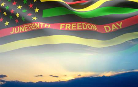 Alternative Juneteenth Flag against the sunset. June 19, Since 1865