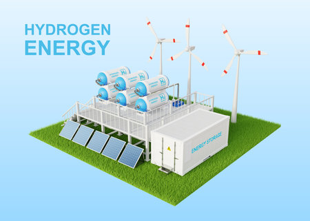 Green Hydrogen factory concept. Hydrogen production from renewable energy sources. Hydrogen gas for clean electricity. 3d-renderingの写真素材