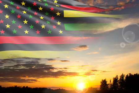 Alternative Juneteenth Flag against the sunset. Juneteenth Freedom Day. June 19, Since 1865. 3d-renderingの写真素材