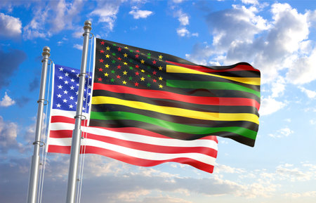 Alternative Juneteenth and USA Flags on background of blue sky. Juneteenth Freedom Day. June 19,...