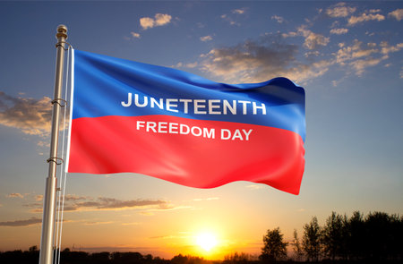 Waving in the wind flag with text Juneteenth Freedom Day against the sunset. June 19, Since 1865. 3d-renderingの写真素材