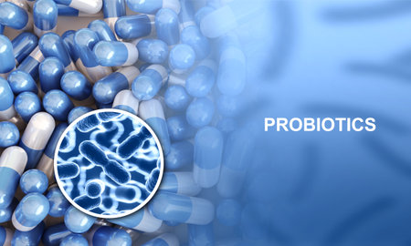 Probiotics banner template. Probiotic in capsule. Human microbiome concept. Health and medicine concept. 3d-renderingの写真素材