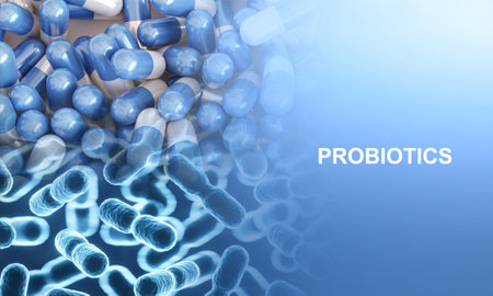 Probiotics banner template. Probiotic in capsule. Human microbiome concept. Health and medicine concept. 3d-renderingの写真素材