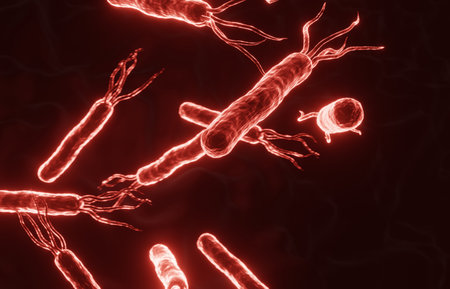 Glowing helicobacter pylori bacteria cells on dark red background. Gastritis disease. 3d-renderingの写真素材