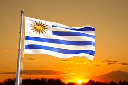 Flag of Uruguay against the sunsetの写真素材
