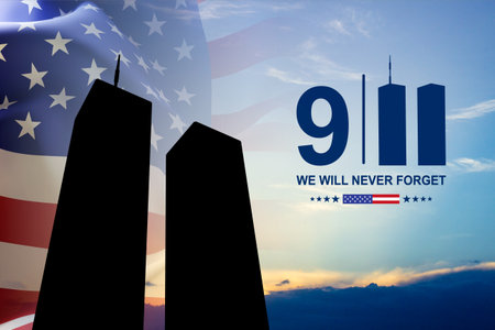 Silhouette of Twin Towers and USA flag against the sunset. Patriot Day banner. 9.11.2001