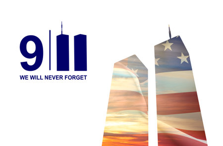 Silhouette of a Twin Towers on white background with USA flag. Patriot Day banner. 9.11.2001