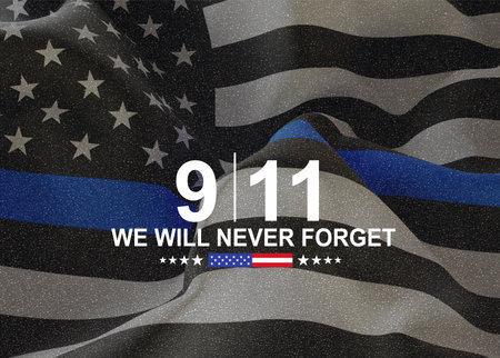 09.11.2001 American Patriot Day banner. Thin Blue Line flag. 3d-rendering