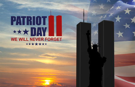 Twin Towers silhouette with USA flag and Statue of Liberty against the sunset. September 11, 2001....