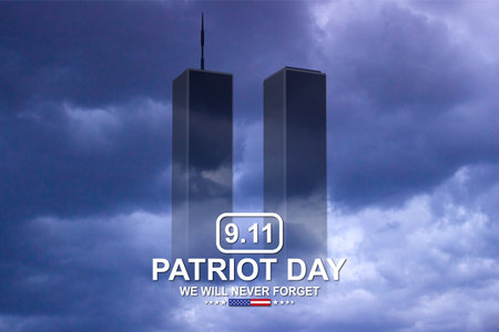 Silhouette of Towers on background of cloudy sky. 09.11.2001 American Patriot Day banner. We will...