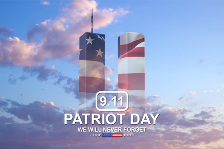 Silhouette of Towers on background of cloudy sunset sky. 09.11.2001 American Patriot Day banner. We...