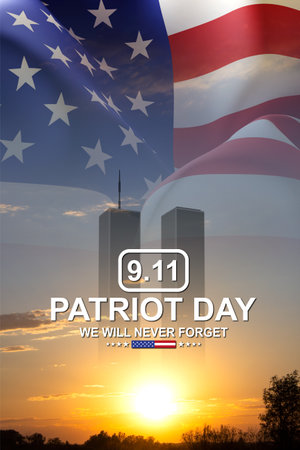 09.11.2001 American Patriot Day banner. Flag of USA against the sunset