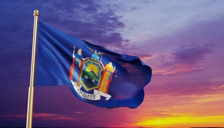 Flag of New York waving in the wind against the sunset. 3d-renderingの写真素材