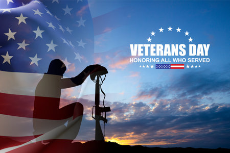 Silhouette of a soldier kneeling down with USA flag against the sunset. Veterans Day. Honoring All Who Servedの写真素材