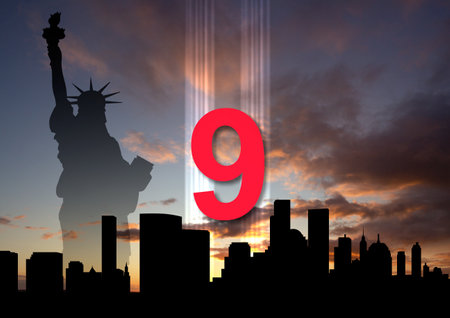 09.11.2001 American Patriot Day banner. Silhouette of New York skyline with silhouette of Towers and Statue of Libertyの写真素材