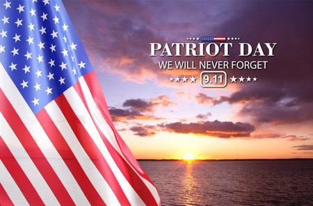 09.11.2001 American Patriot Day banner. Flag of USA against the sunset