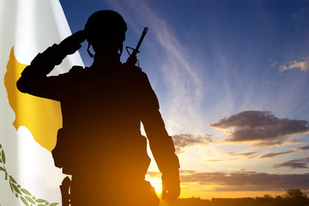 Silhouette of a soldier with the Cyprus flag against the sunset. National Holidays conceptの写真素材