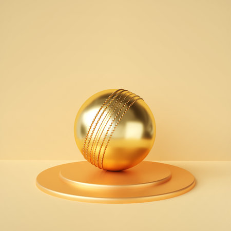Gold cricket ball on pedestal isolated on white background. 3d-renderingの写真素材