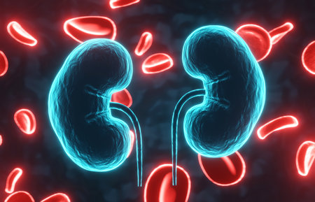 Glowing human kidneys with blood cells on blue background. X-ray hologram. Kidneys for medical poster and banners. 3d-renderingの写真素材