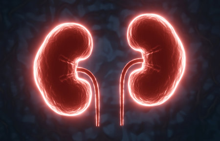 Glowing red human kidney on blue background. X-ray hologram. Kidney disease concept. 3d-renderingの写真素材