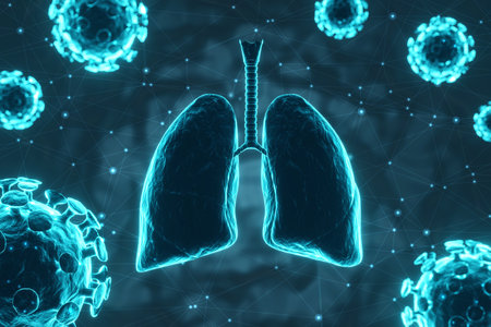 Virus attacking the human lungs. Lungs disease. Lungs with virus cell on blue background....