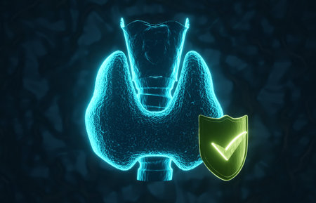Glowing human thyroid gland with shield on dark blue background. Endocrinology concept. X-ray...
