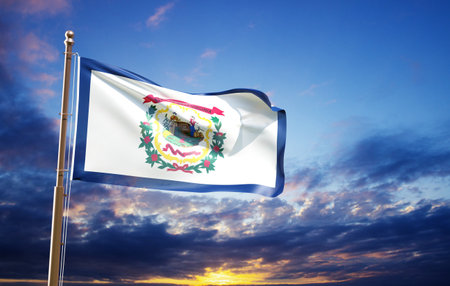 Flag of West Virginia against the sunset sky. U.S. stateの写真素材