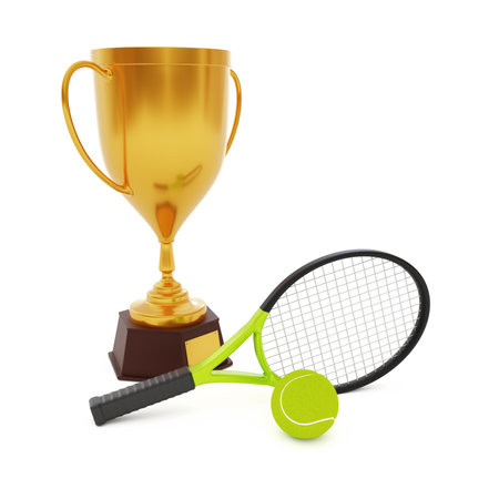 Tennis ball and racket with gold trophy cup isolated on white background. 3d-renderingの写真素材