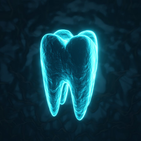 Glowing blue tooth icon on dark blue background. 3d-renderingの写真素材