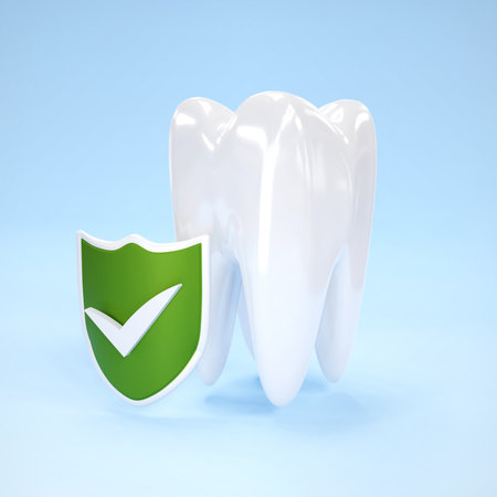 Tooth with shield on blue background. 3d-renderingの写真素材